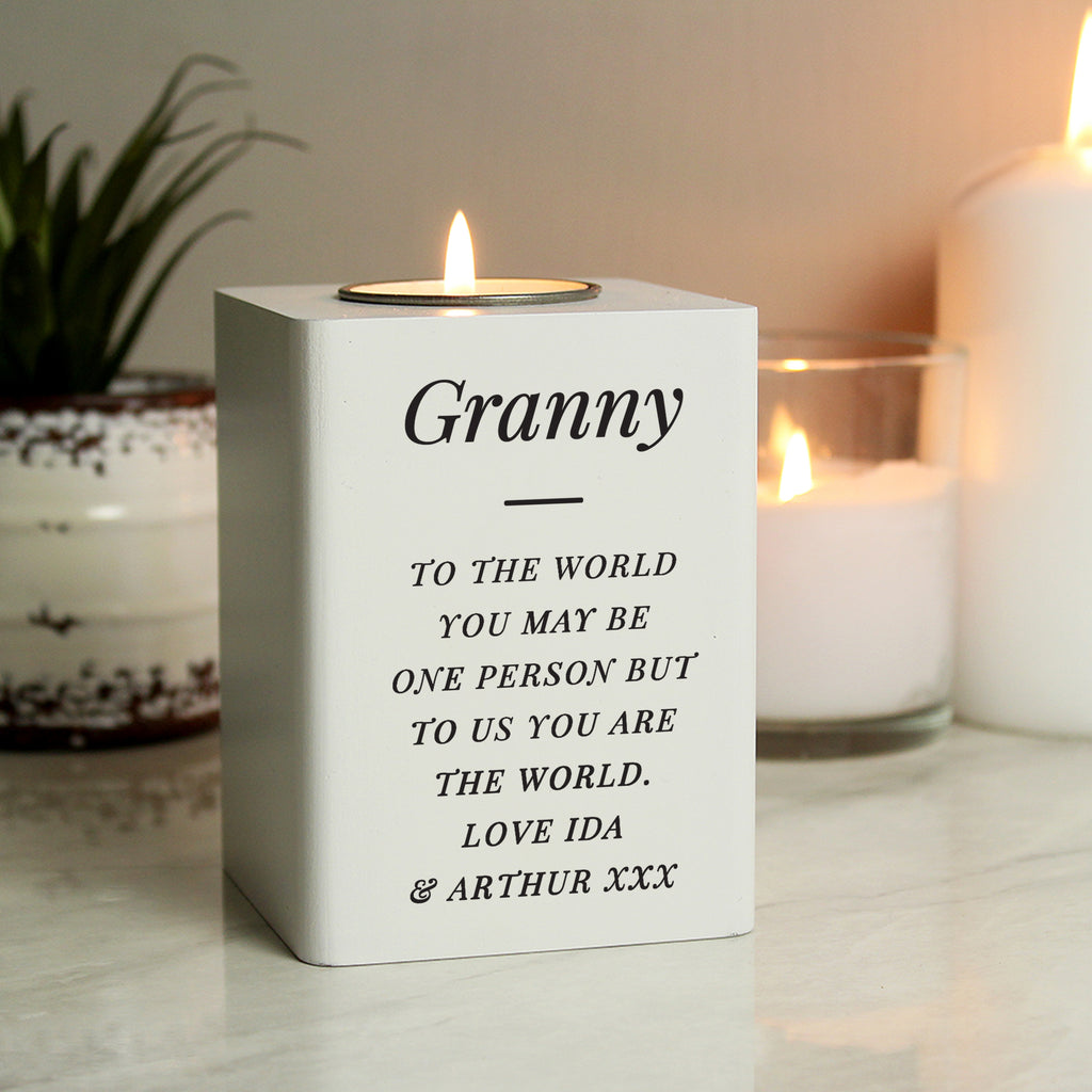 Personalised Free Text White Wooden Tea light Holder - Buy Wooden at GiftMasters.co.uk
