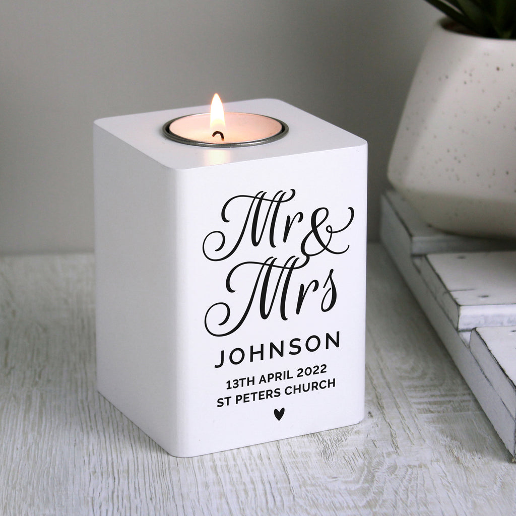 Personalised Mr & Mrs White Wooden Tea light Holder - Buy Wooden at GiftMasters.co.uk