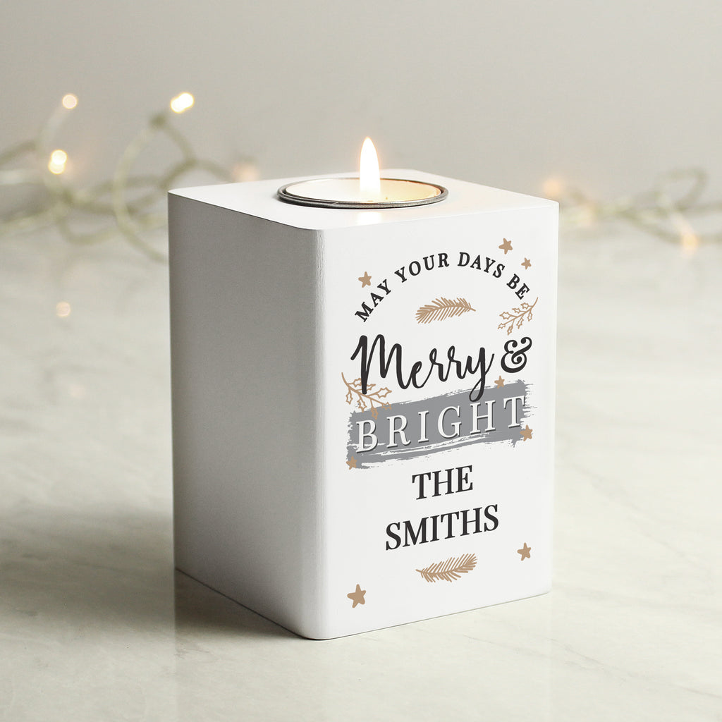 Personalised Merry & Bright White Wooden Tea light Holder - Buy Wooden at GiftMasters.co.uk