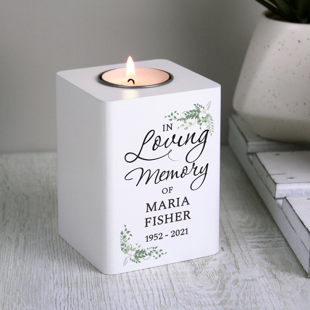 Personalised In Loving Memory White Wooden Tea light Holder - Buy Candles & Reed Diffusers at GiftMasters.co.uk