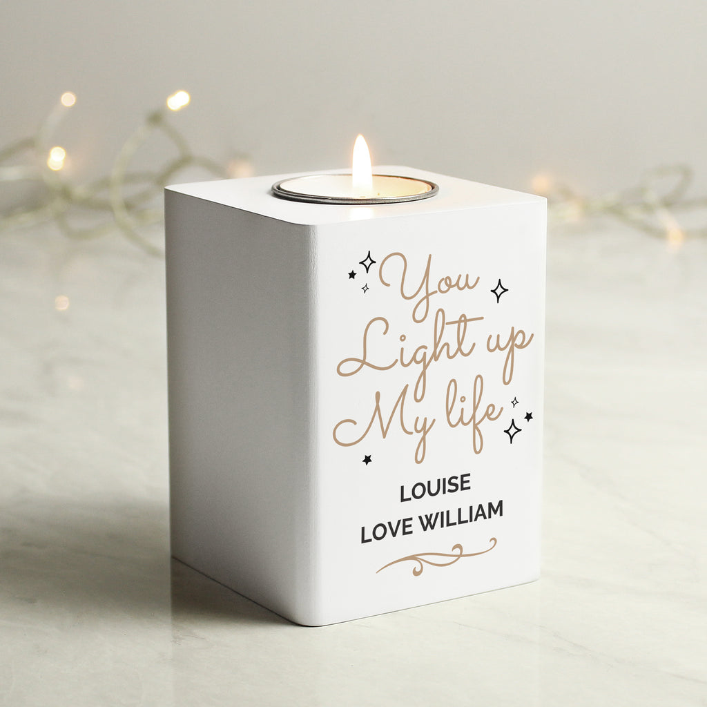 Personalised Light Up My Life White Wooden Tea light Holder - Buy Candles & Reed Diffusers at GiftMasters.co.uk