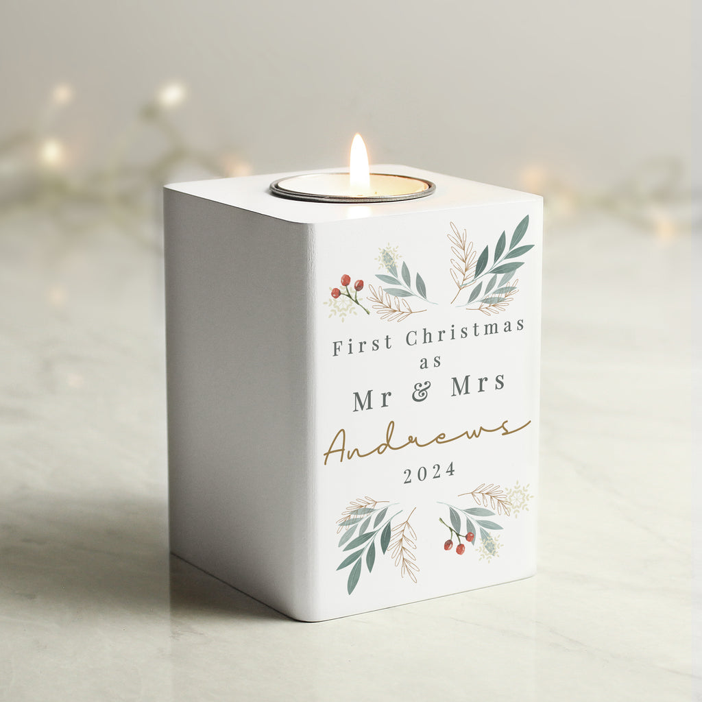 Personalised Christmas Foliage White Tealight Holder - Buy Candles & Reed Diffusers at GiftMasters.co.uk