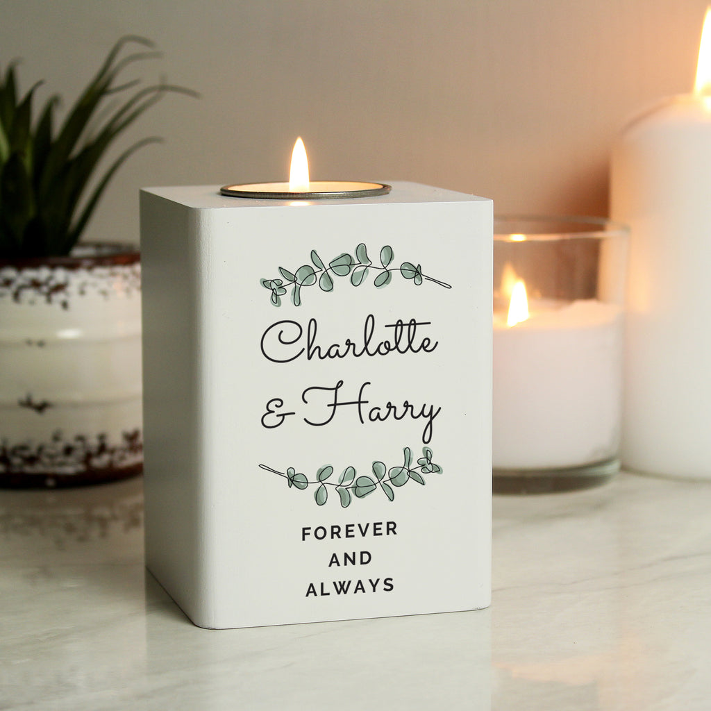 Personalised Botanical White Wooden Tea light Holder - Buy Candles & Reed Diffusers at GiftMasters.co.uk