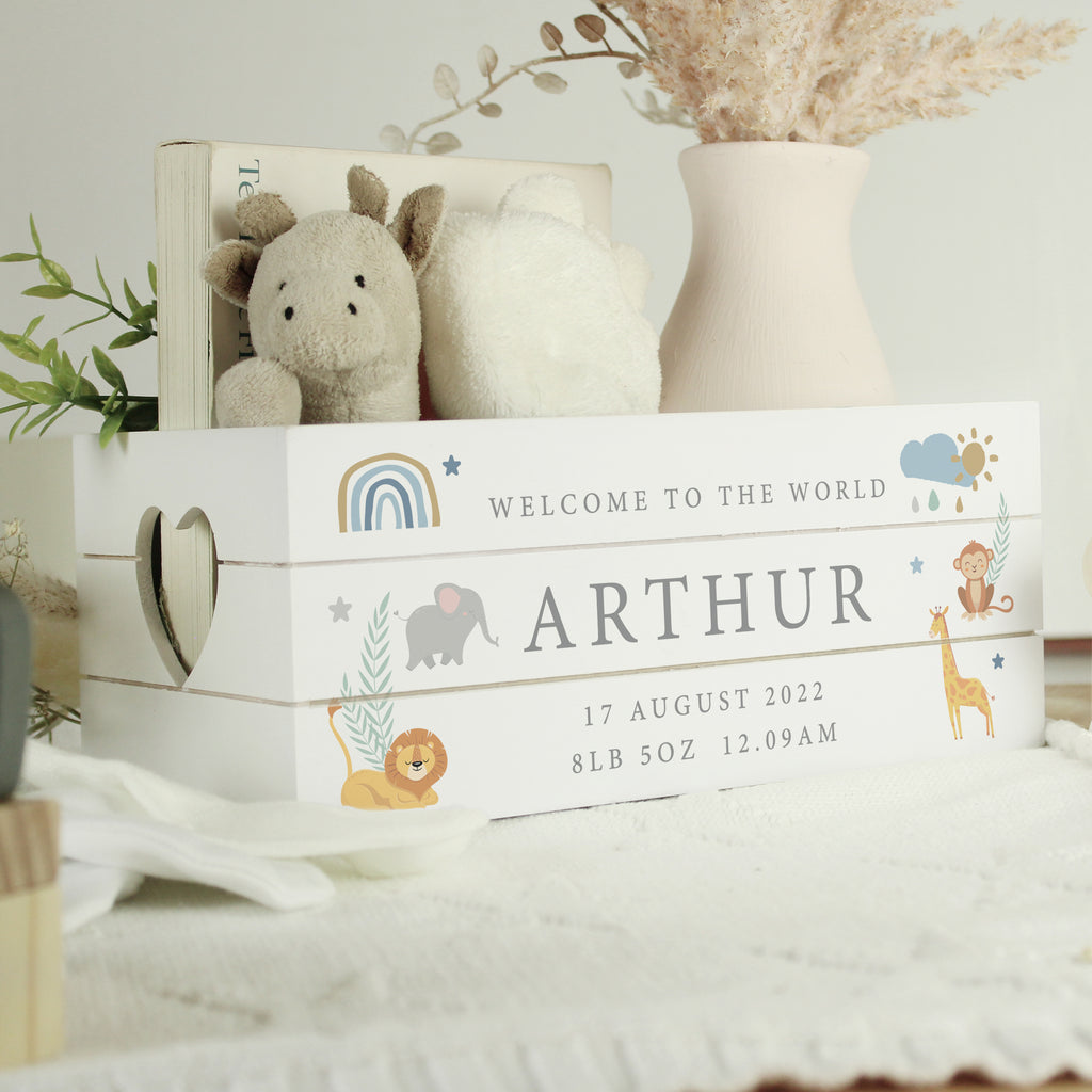 Personalised Safari Animals White Wooden Crate - Buy Storage at GiftMasters.co.uk