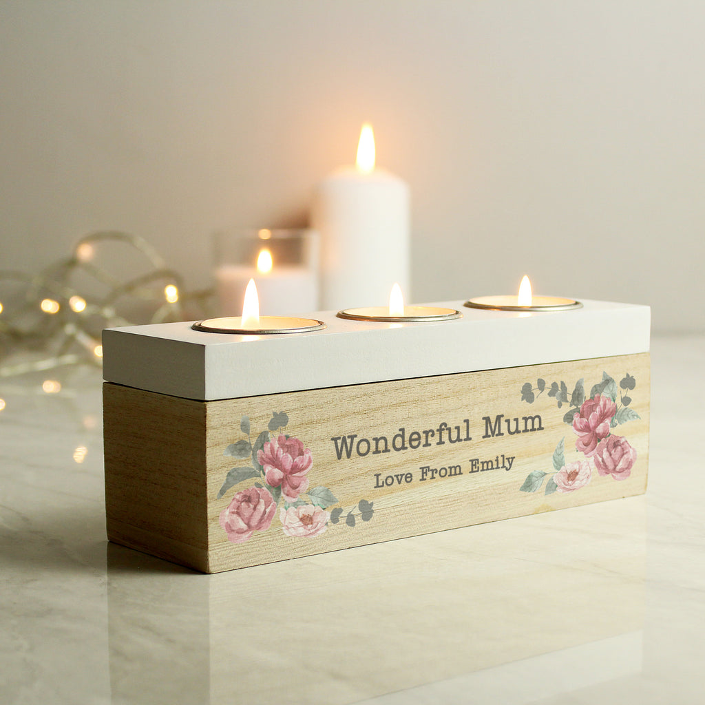 Personalised Floral Watercolour Triple Tealight Box - Buy Candles & Reed Diffusers at GiftMasters.co.uk