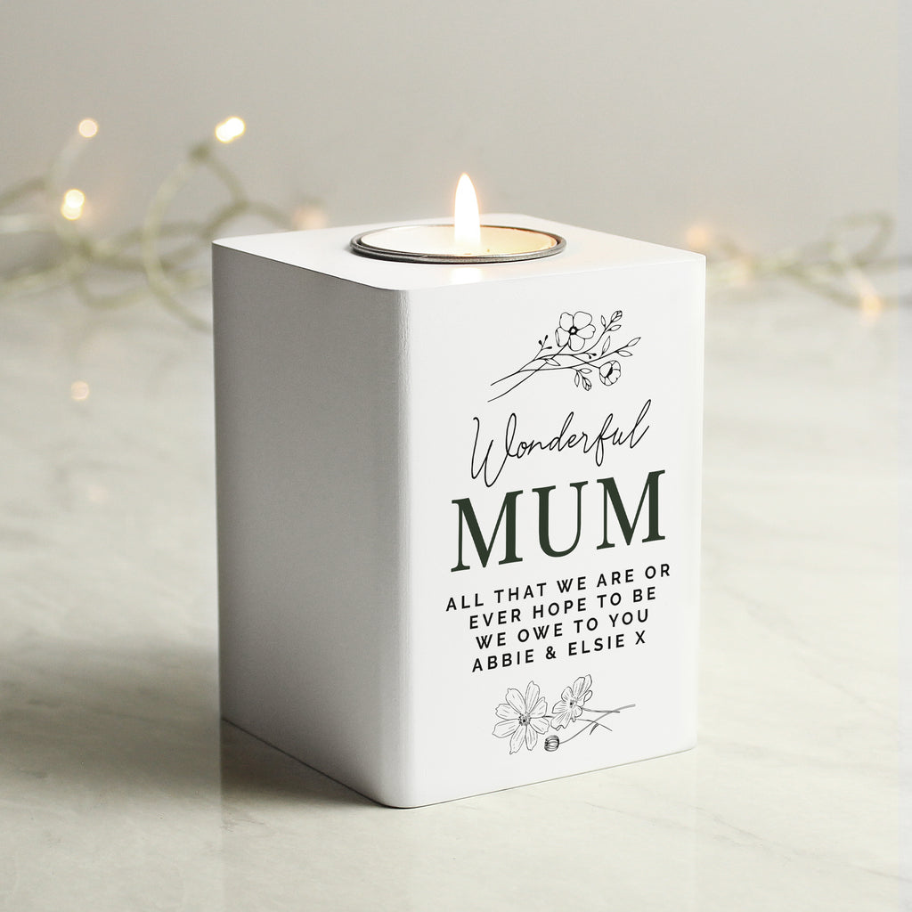 Personalised Floral White Wooden Tea light Holder - Buy Candles & Reed Diffusers at GiftMasters.co.uk