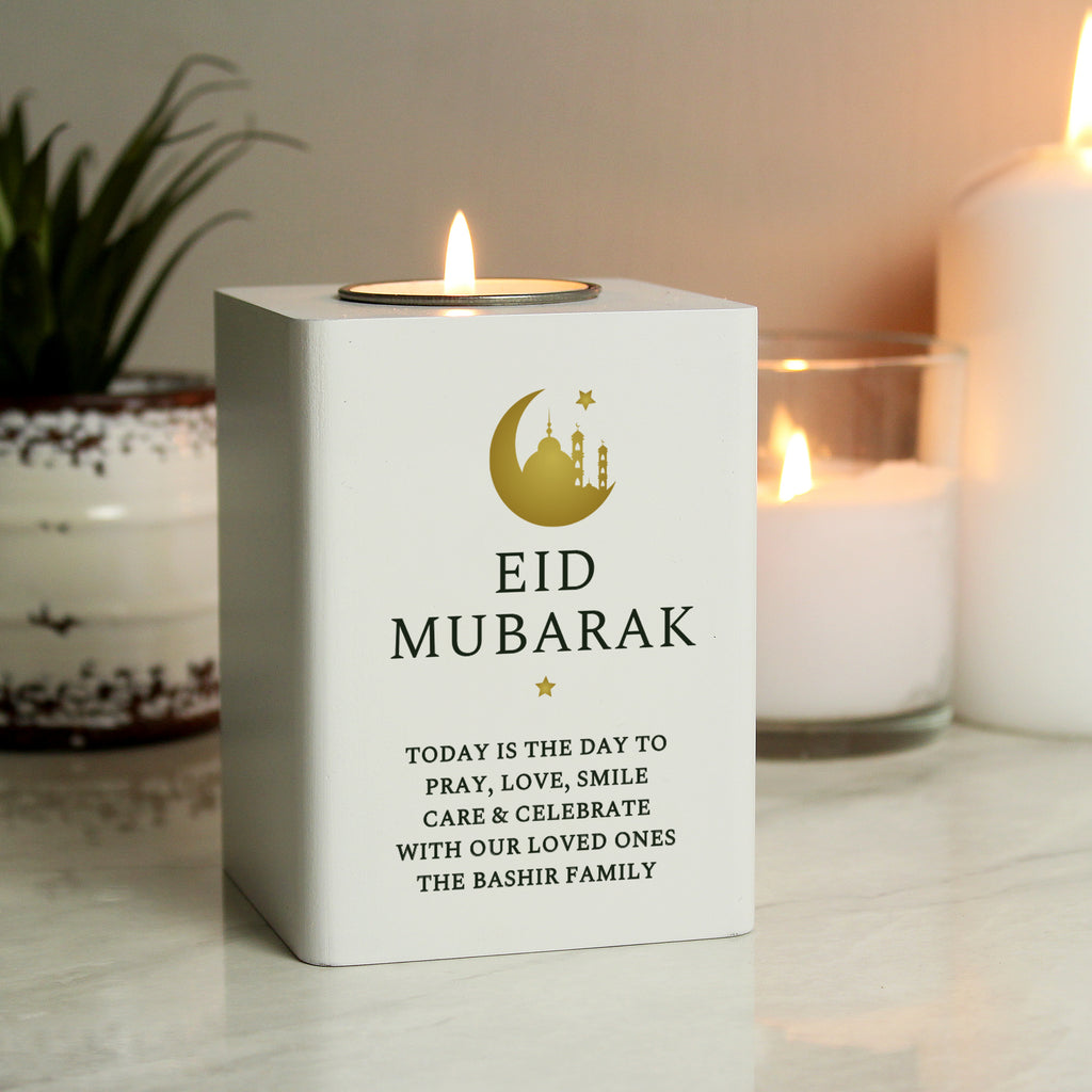 Personalised Eid and Ramadan White Wooden Tea light Holder - Buy Candles & Reed Diffusers at GiftMasters.co.uk
