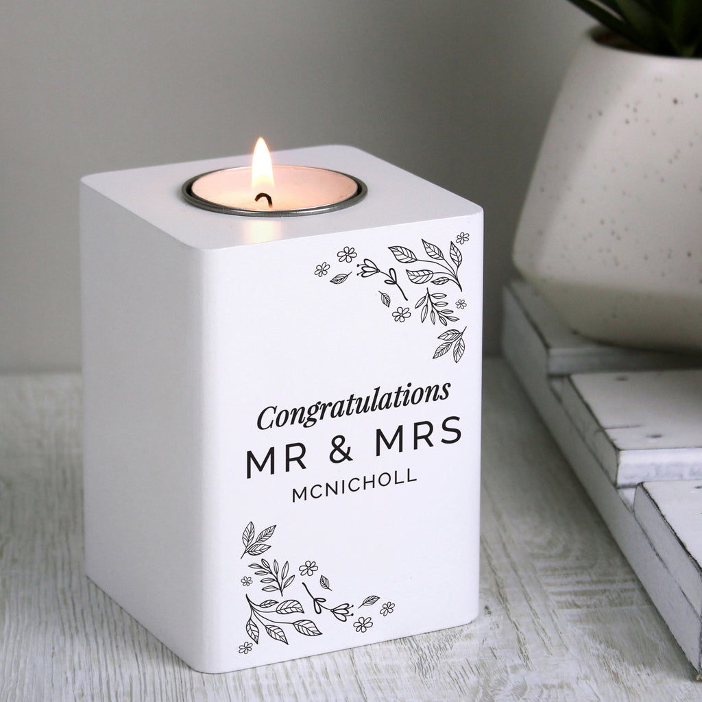 Personalised Floral Leaf White Wooden Tea Light Holder - Buy Wooden at GiftMasters.co.uk
