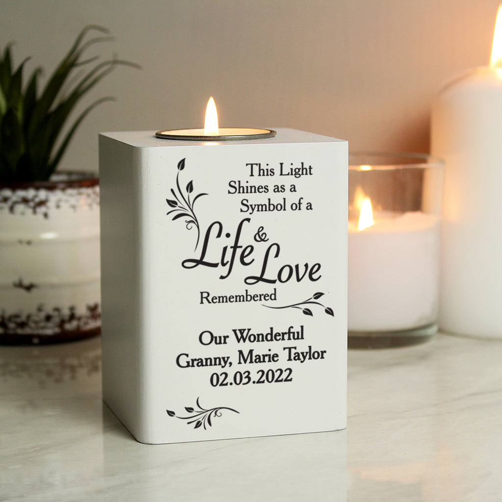 Personalised Life & Love White Wooden Tea Light Holder - Buy Candles & Reed Diffusers at GiftMasters.co.uk