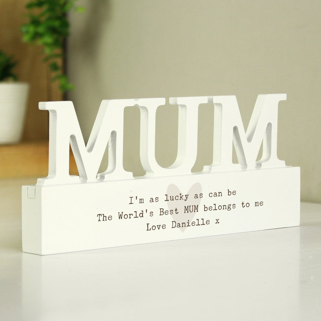 Personalised Free Text Heart Wooden Mum Ornament plaque - Buy Ornaments at GiftMasters.co.uk