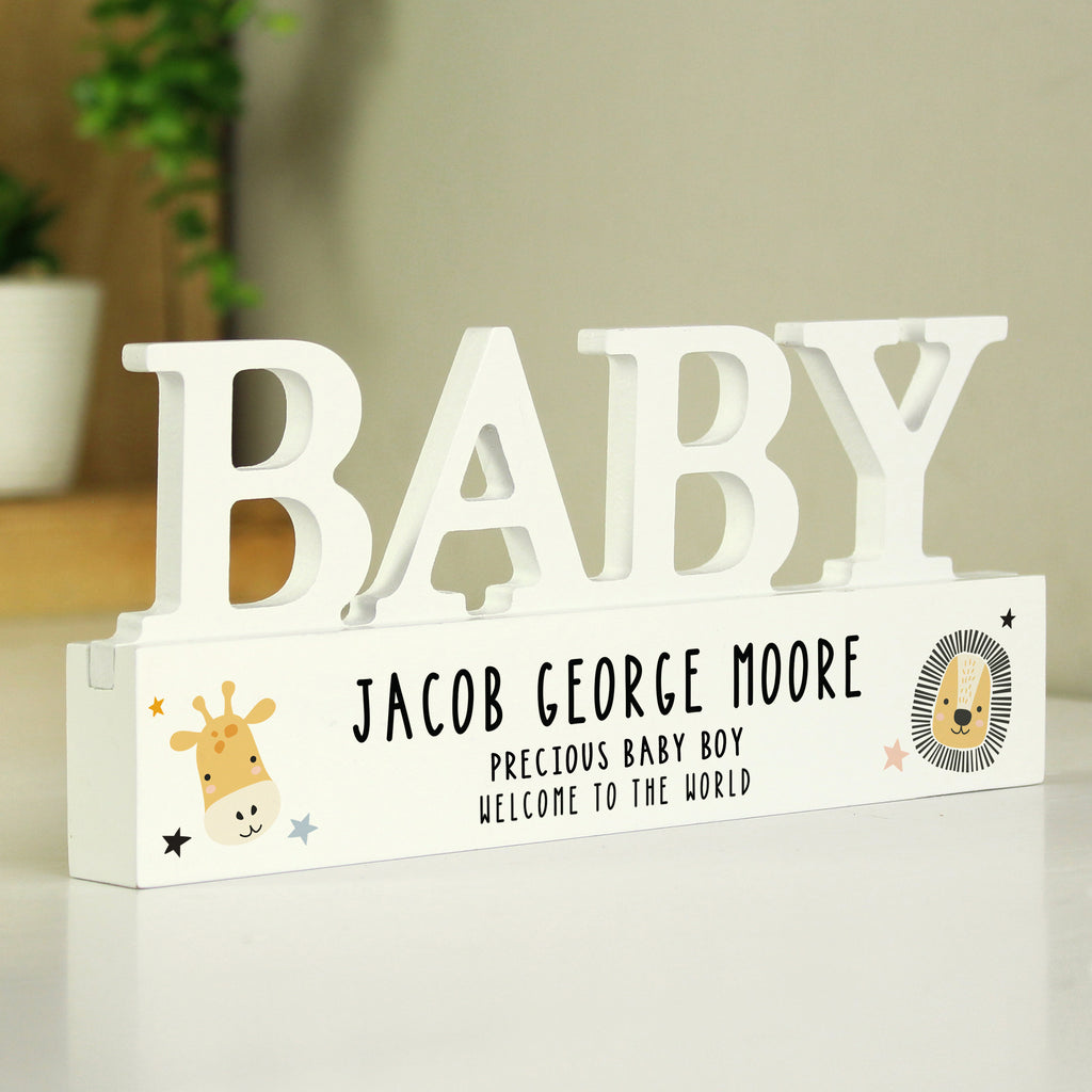 Personalised Scandi Safari Animals Wooden Baby Ornament - Buy Ornaments at GiftMasters.co.uk