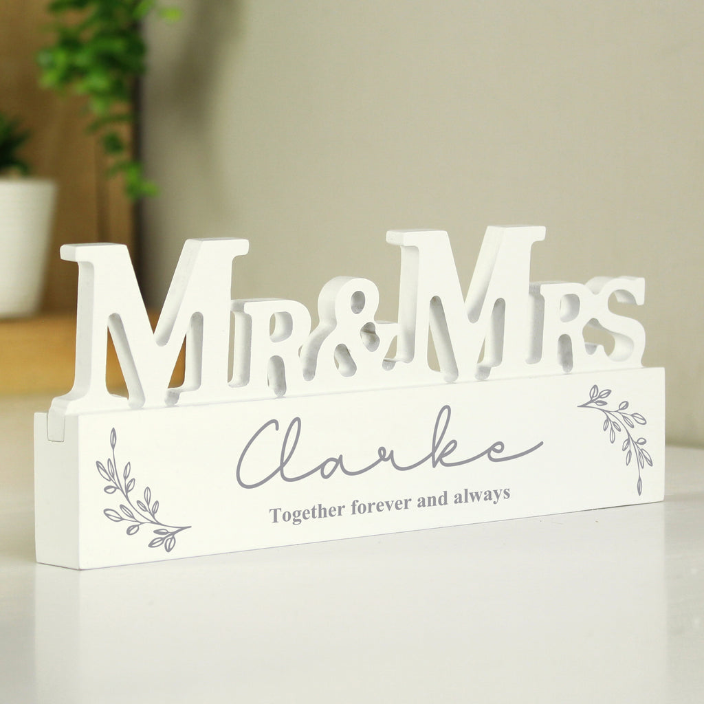 Personalised Leaf Wooden Mr & Mrs Ornament - Buy Ornaments at GiftMasters.co.uk