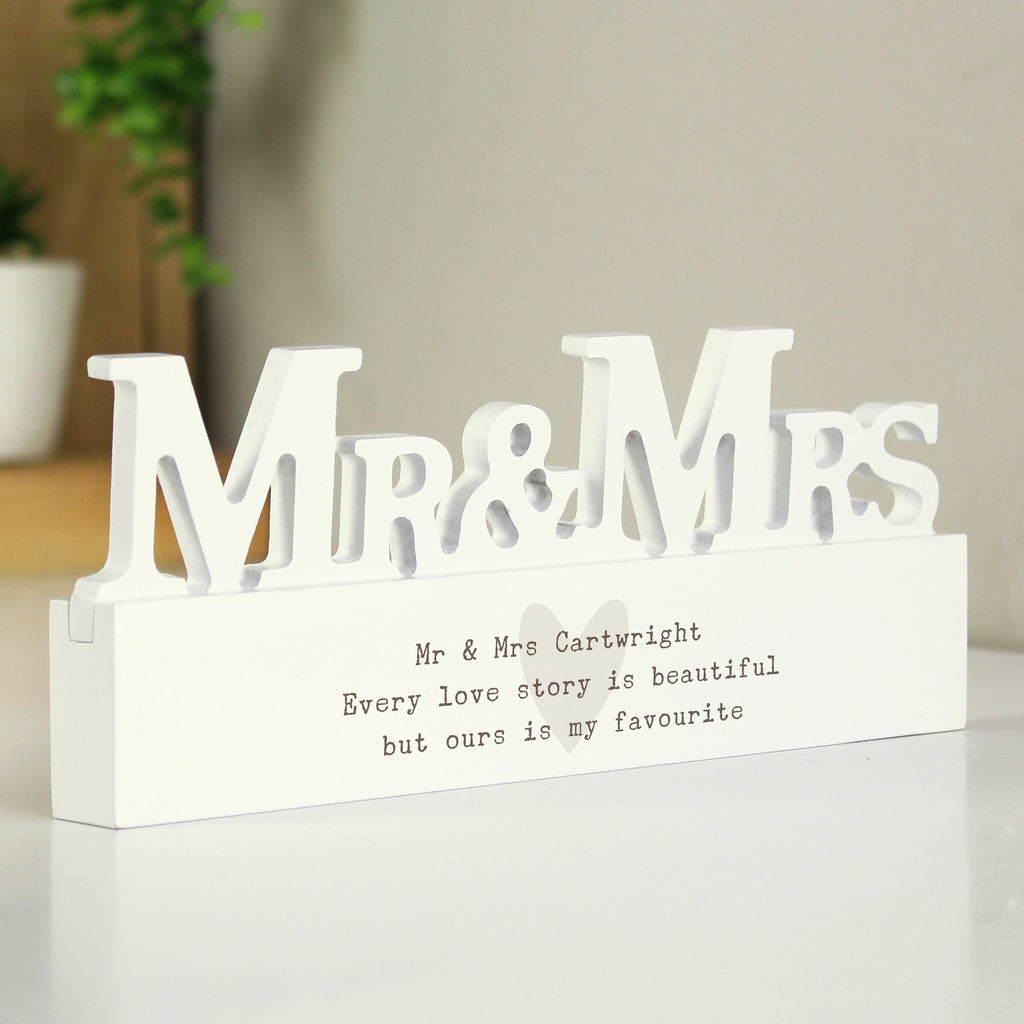 Personalised Free Text Heart Wooden Mr & Mrs Ornament - Buy Ornaments at GiftMasters.co.uk
