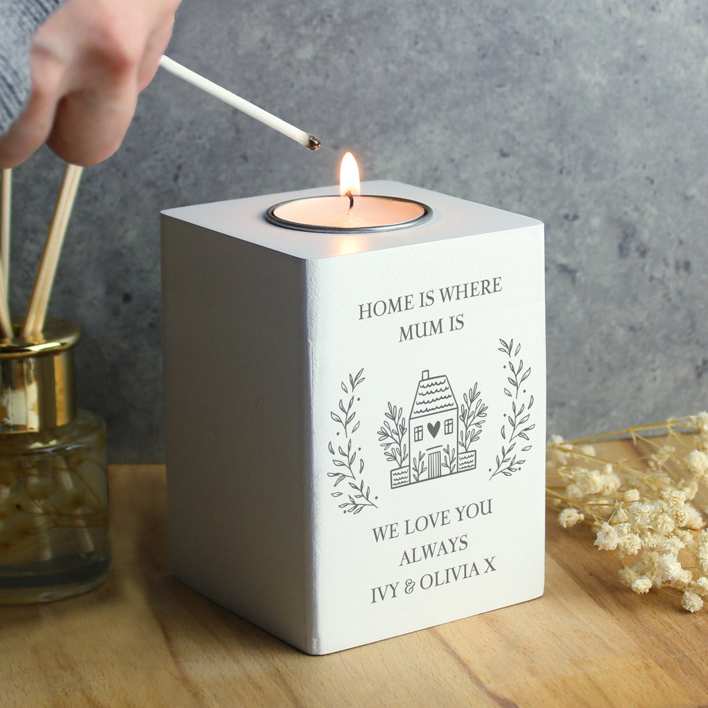 Personalised HOME Wooden Tealight Holder - Buy Candles & Reed Diffusers at GiftMasters.co.uk