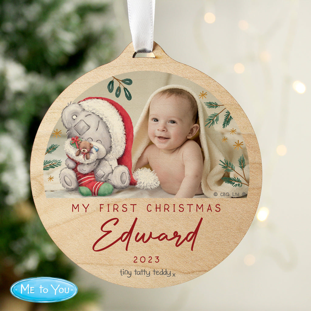 Personalised First Christmas Tiny Tatty Teddy Photo Upload Round Wooden Decoration - Buy Christmas Decorations at GiftMasters.co.uk
