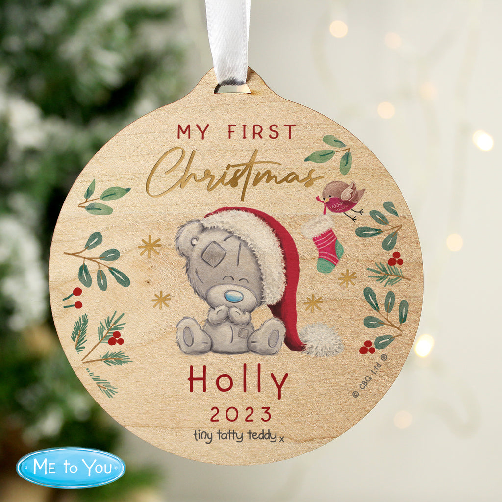 Personalised First Christmas Tiny Tatty Teddy Round Wooden Decoration - Buy Christmas Decorations at GiftMasters.co.uk