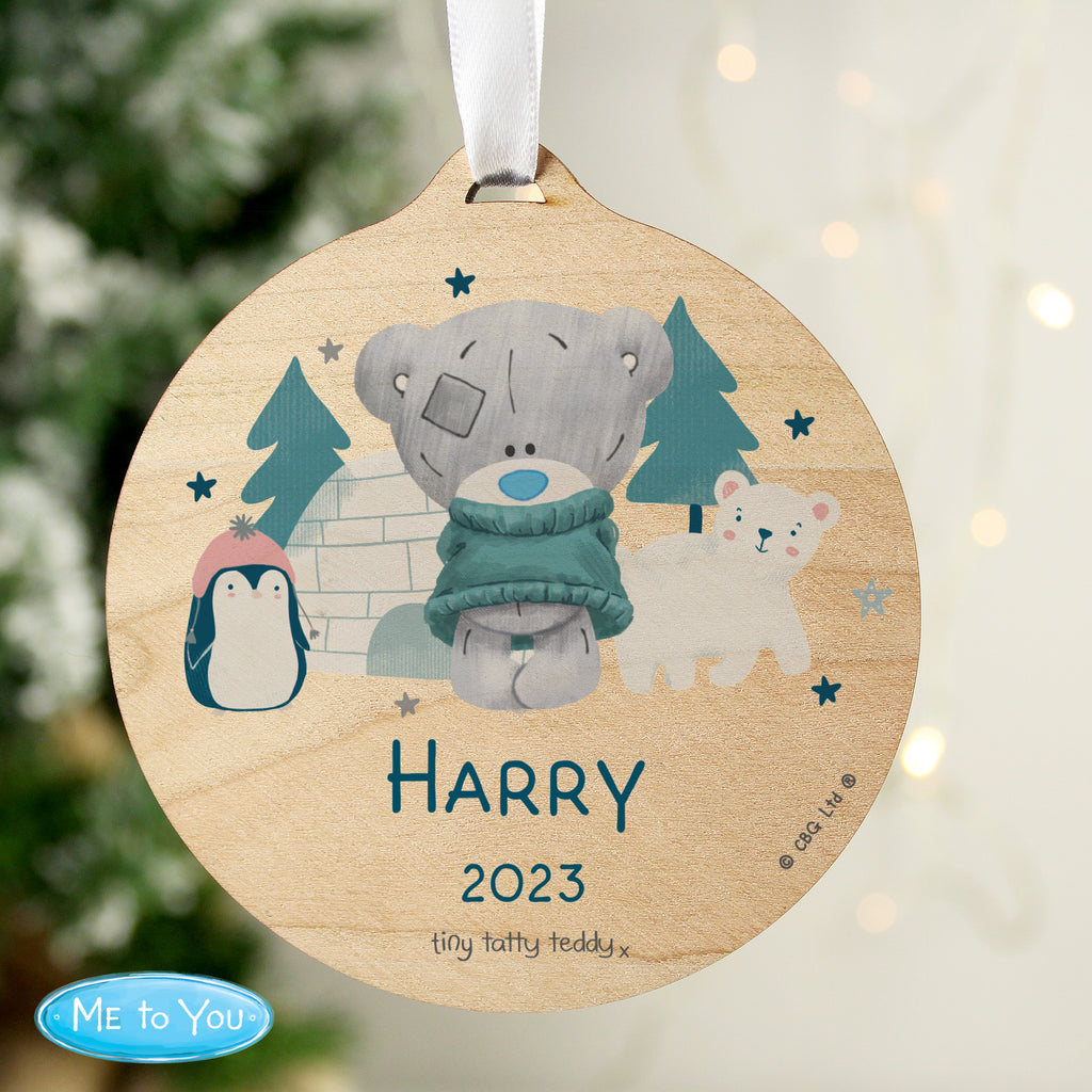 Personalised Winter Explorer Tiny Tatty Teddy Round Wooden Decoration - Buy Christmas Decorations at GiftMasters.co.uk