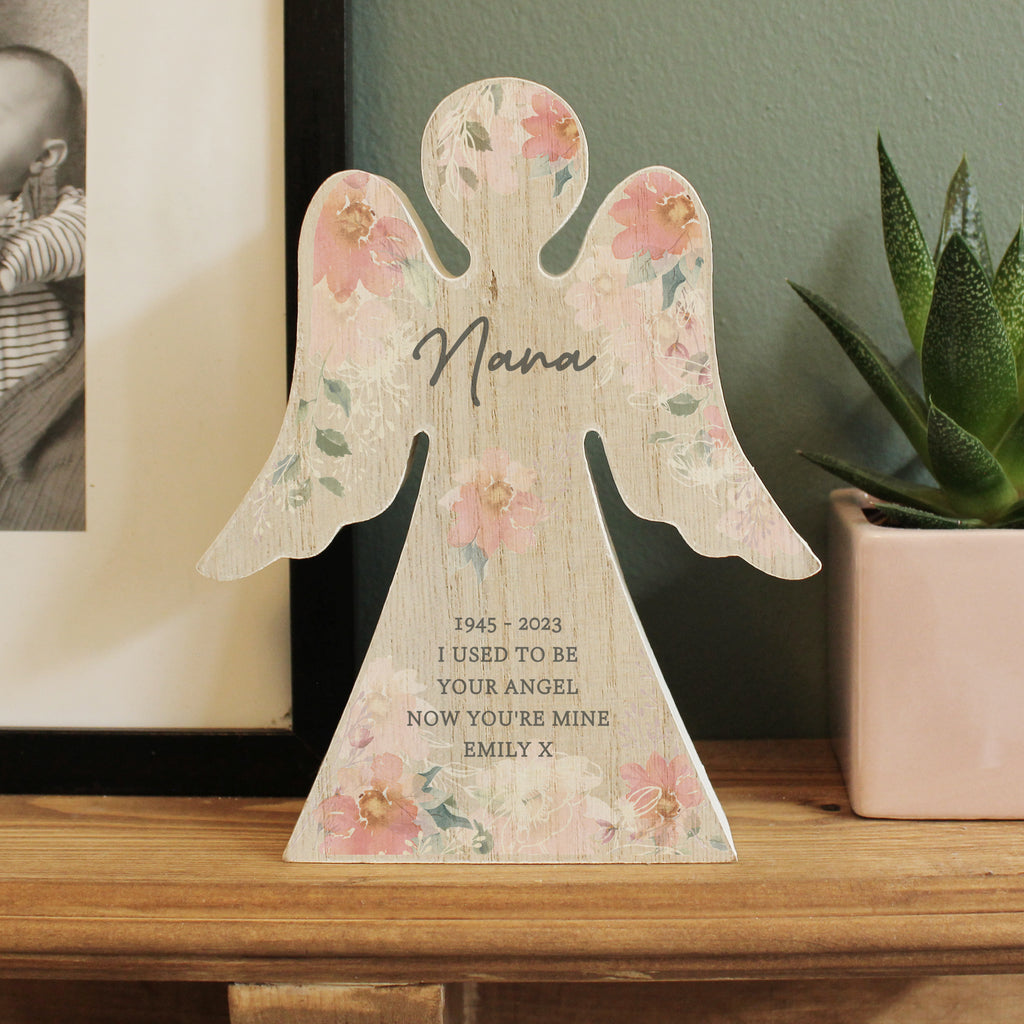 Personalised Floral Wooden Angel Ornament - Buy Christmas Decorations at GiftMasters.co.uk
