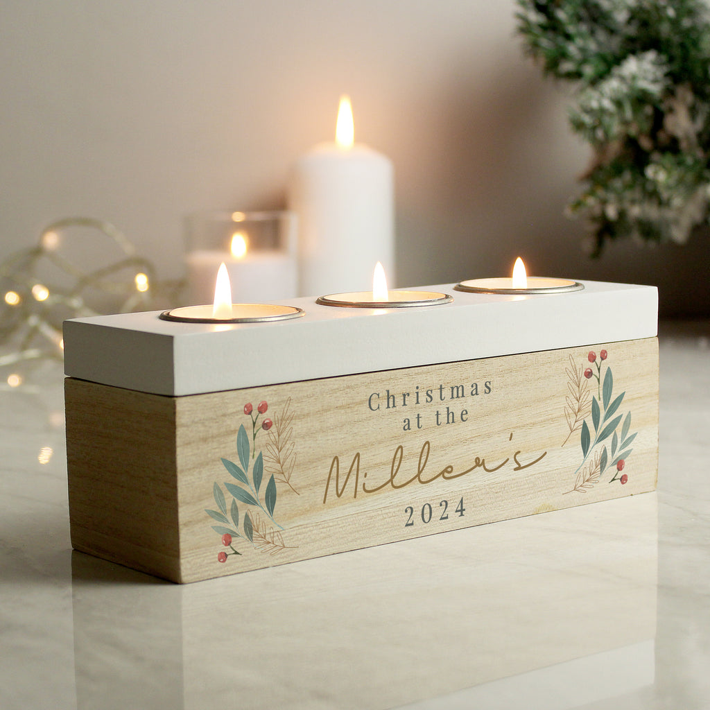 Personalised Christmas Foliage Triple Tea Light Box - Buy Candles & Reed Diffusers at GiftMasters.co.uk