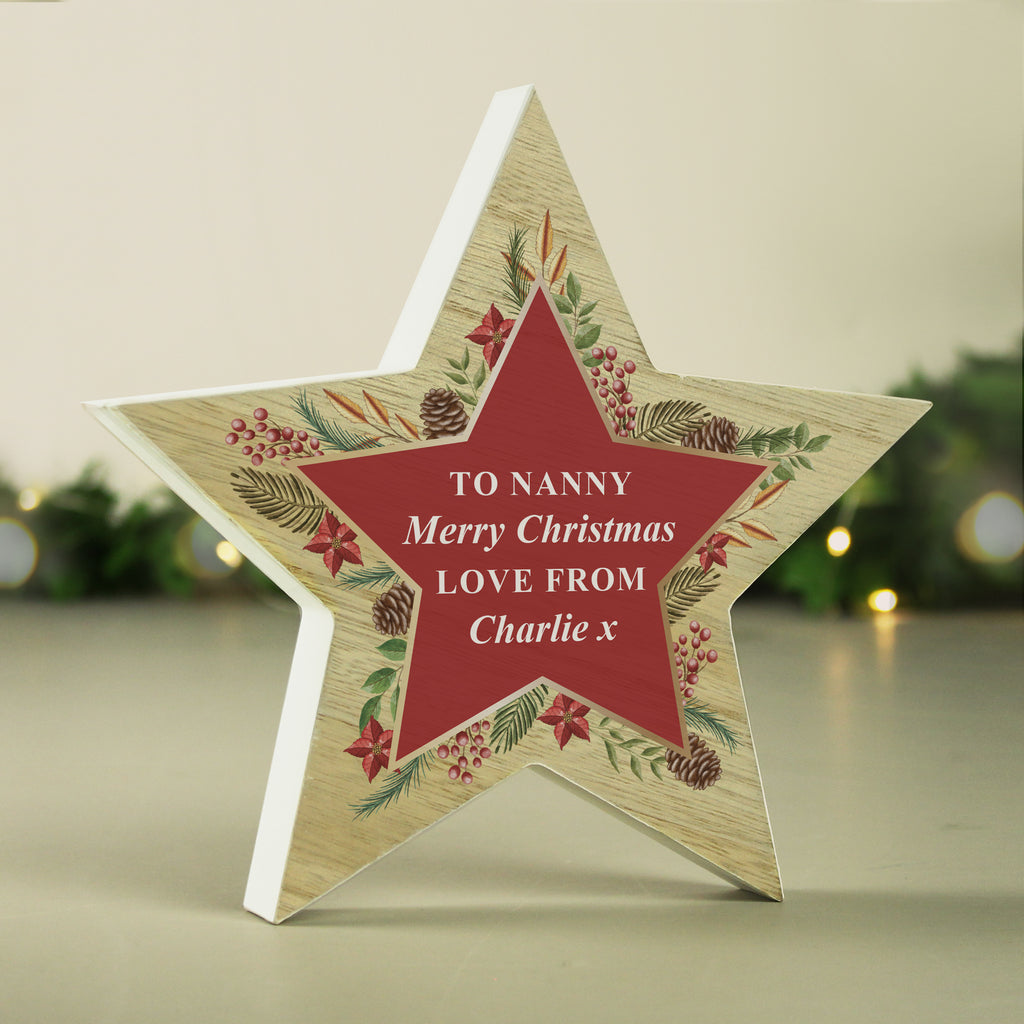 Personalised Christmas Wreath Wooden Star Ornament - Buy Christmas Decorations at GiftMasters.co.uk