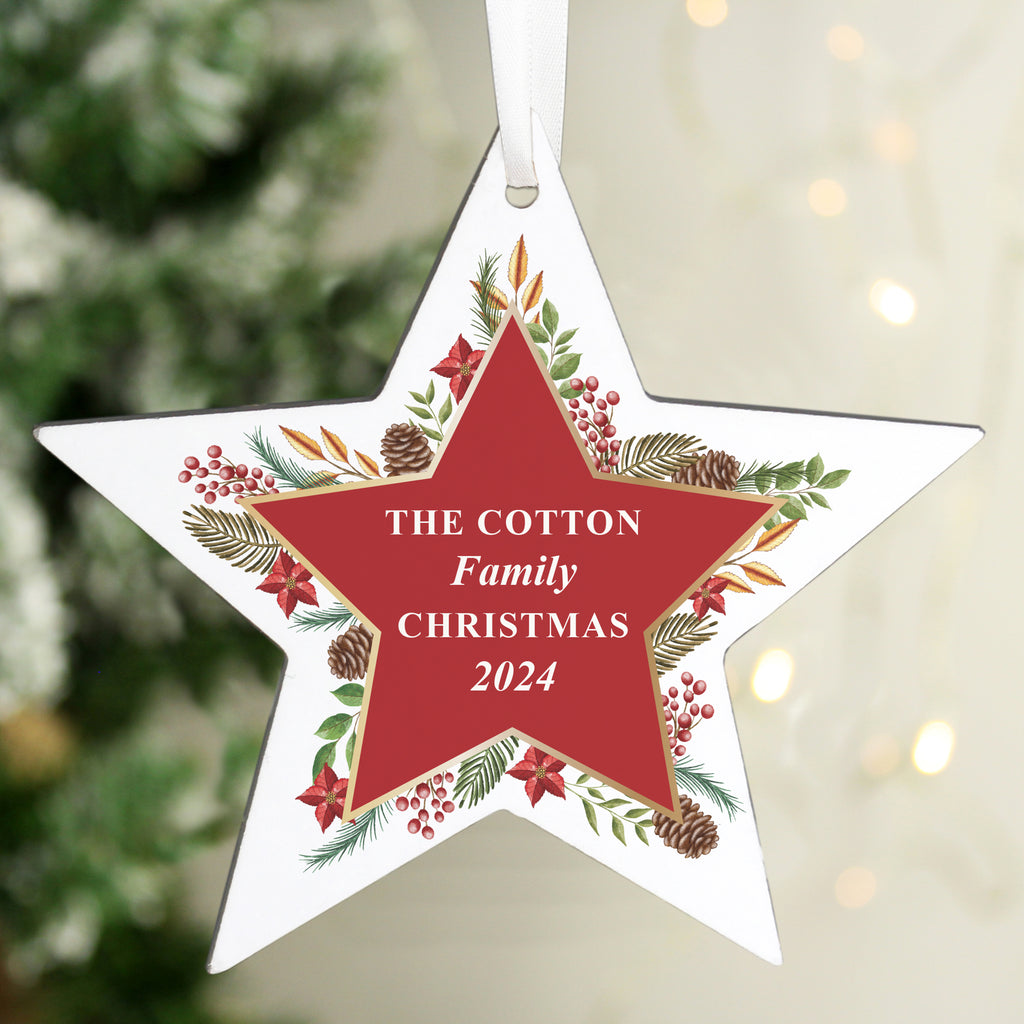 Personalised Christmas Wreath Wooden Star Decoration - Buy Christmas Decorations at GiftMasters.co.uk