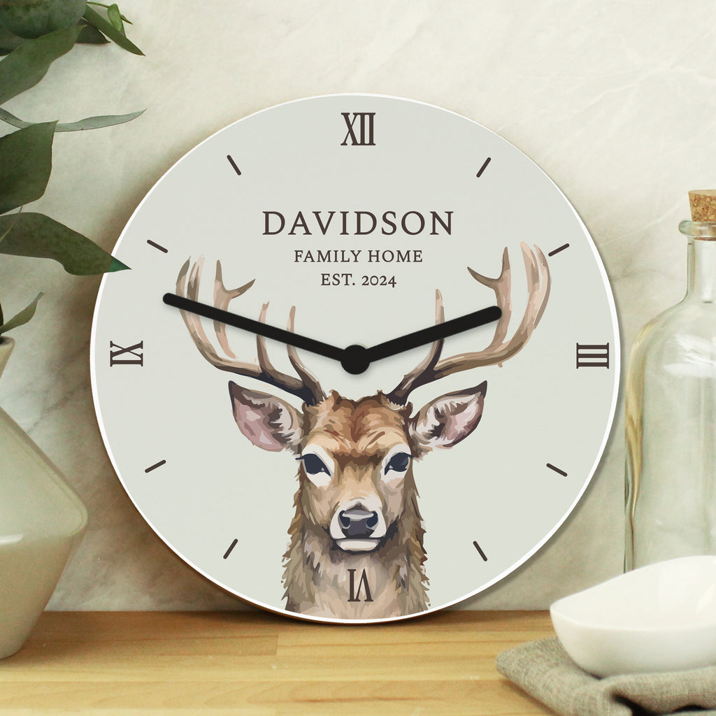 Personalised Watercolour Stag Wooden Clock - Buy Clocks & Watches at GiftMasters.co.uk