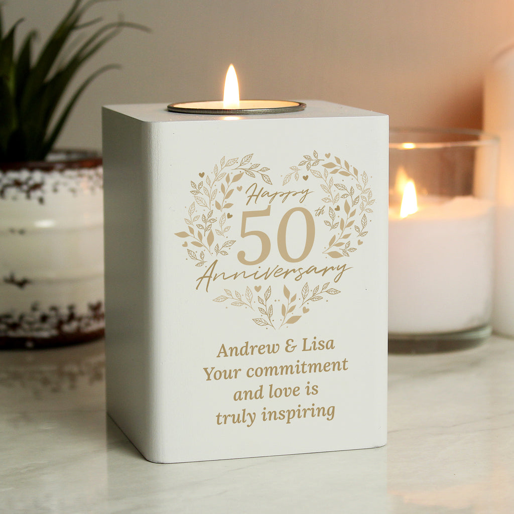 Personalised 50th Golden Wedding Anniversary Tea Light Holder - Buy Candles & Reed Diffusers at GiftMasters.co.uk