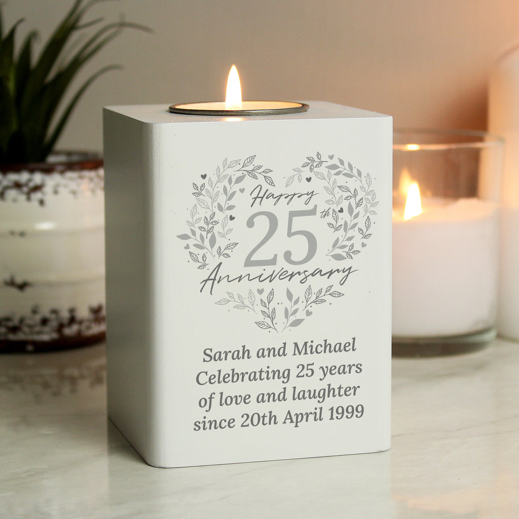 Personalised 25th Silver Wedding Anniversary Tea Light Holder - Buy Candles & Reed Diffusers at GiftMasters.co.uk