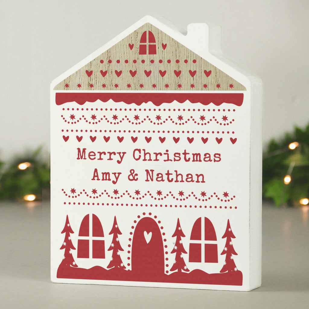 Personalised Christmas Fair Isle Wooden House Ornament - Buy Christmas Decorations at GiftMasters.co.uk