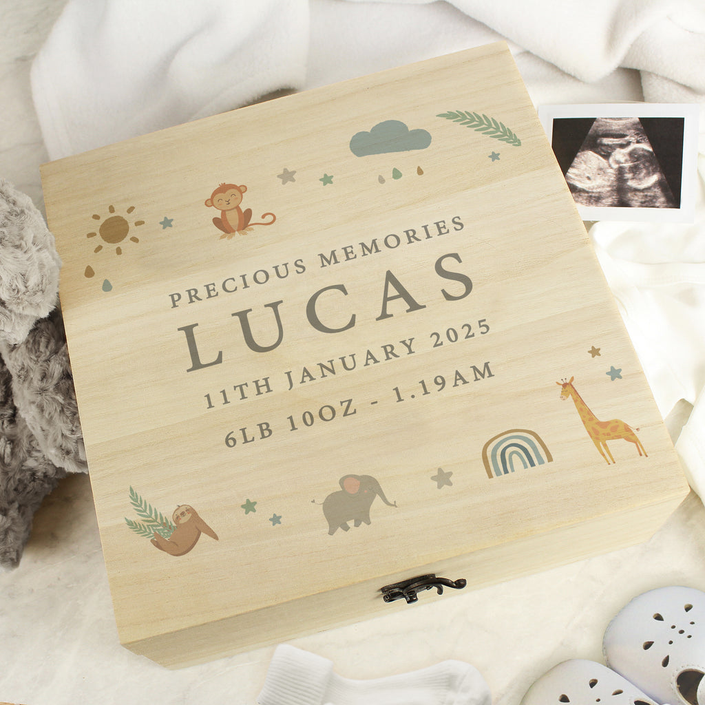 Personalised Safari Animals Large Wooden Keepsake Box - Buy Storage at GiftMasters.co.uk