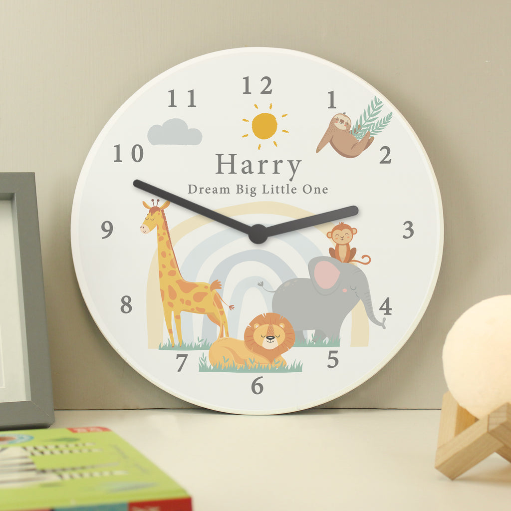 Personalised Safari Animals Wooden Nursery Clock - Buy Clocks & Watches at GiftMasters.co.uk