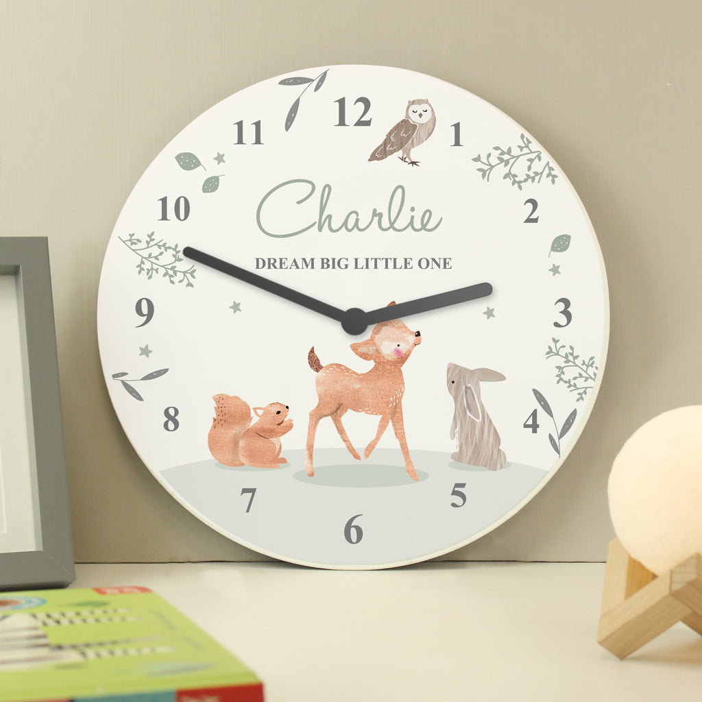 Personalised Woodland Animals Wooden Nursery Clock - Buy Clocks & Watches at GiftMasters.co.uk
