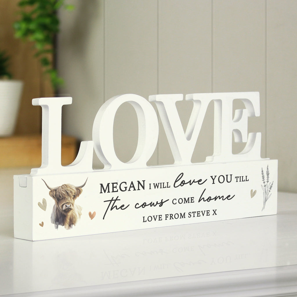 Personalised Highland Cow LOVE Wooden Ornament - Buy Ornaments at GiftMasters.co.uk