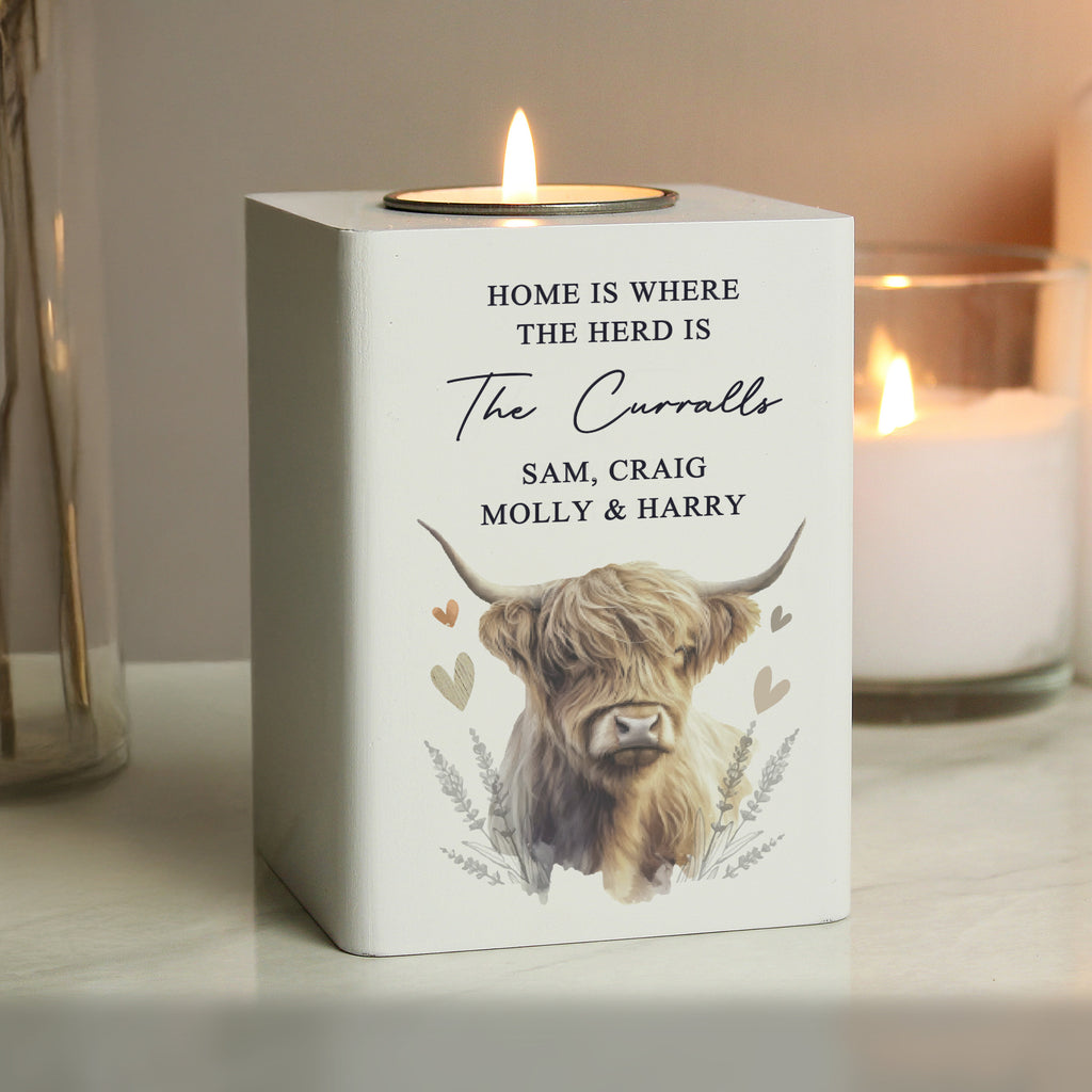 Personalised Highland Cow Wooden Tealight Holder - Buy LED Lights, Candles & Decorations at GiftMasters.co.uk