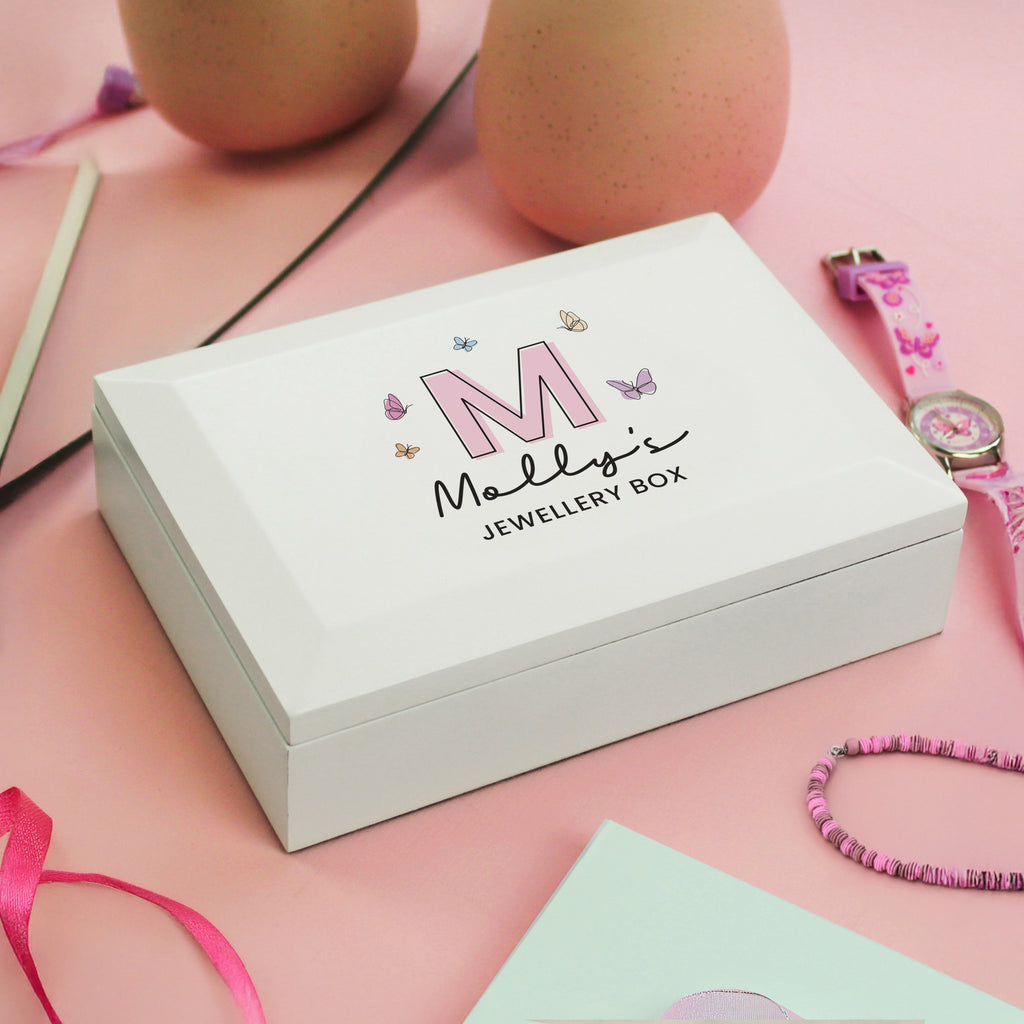 Personalised Butterfly Initial Wooden Jewellery Box - Buy Trinket, Jewellery & Keepsake Boxes at GiftMasters.co.uk