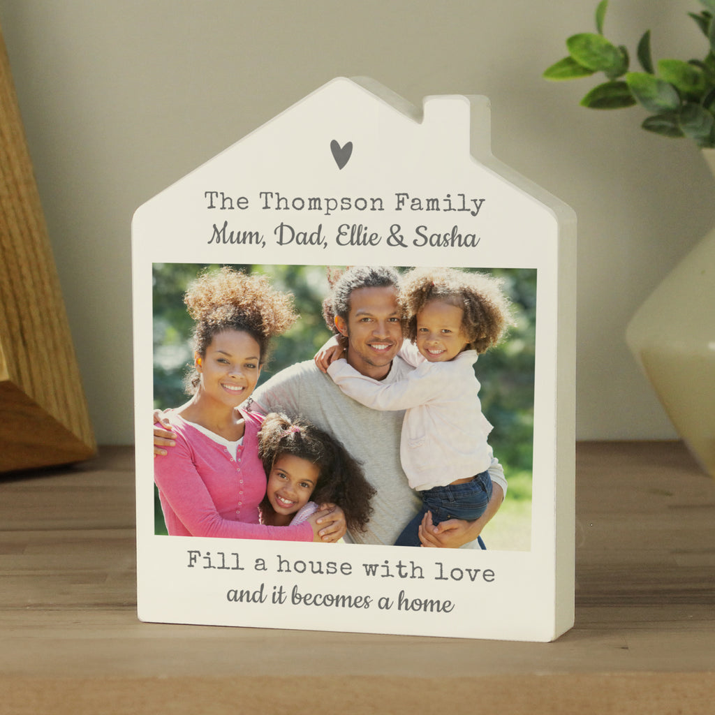 Personalised Grey Heart Photo Upload Wooden House Ornament - Buy Ornaments at GiftMasters.co.uk
