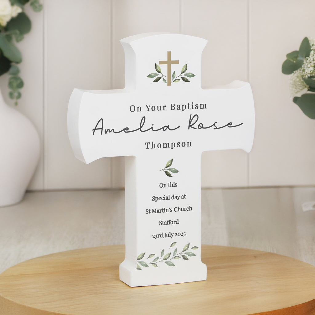 Personalised Botanical Cross Wooden Ornament - Buy Ornaments at GiftMasters.co.uk