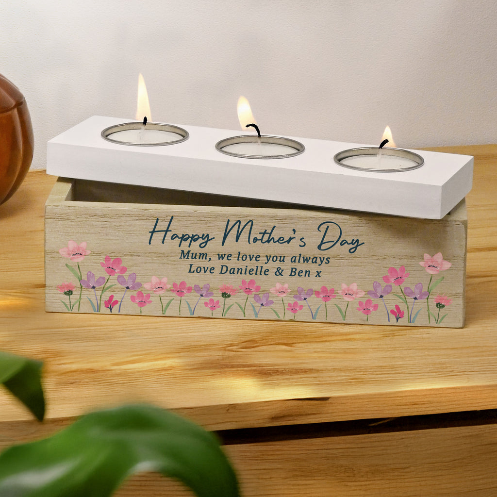 Personalised Floral Wooden Triple Tea Light Box - Buy Candles & Reed Diffusers at GiftMasters.co.uk