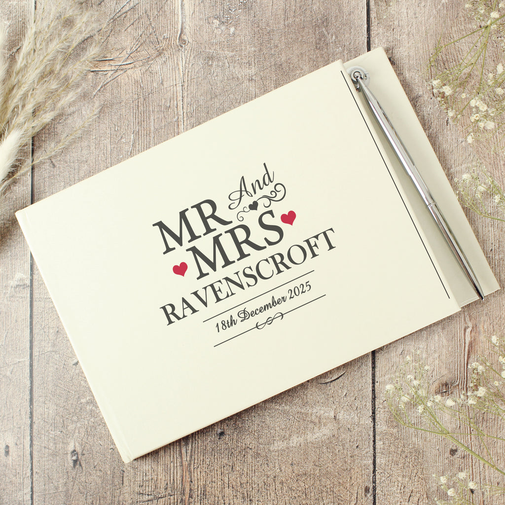 Personalised Mr & Mrs Hardback Guest Book & Pen - Buy Photo Frames, Albums and Guestbooks at GiftMasters.co.uk