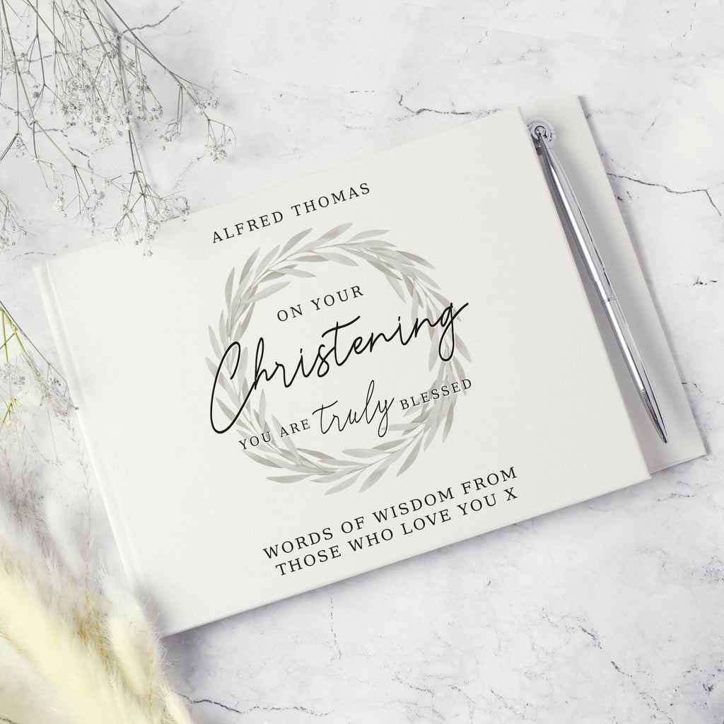 Personalised 'Truly Blessed' Christening Hardback Guest Book & Pen - Buy Photo Frames, Albums and Guestbooks at GiftMasters.co.uk