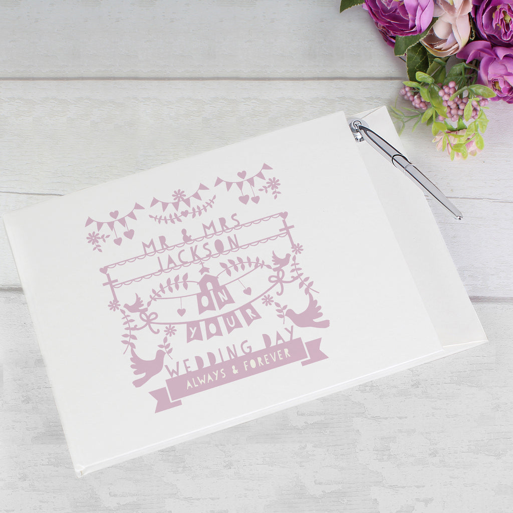 Personalised Pink Papercut Style Hardback Guest Book & Pen - Buy Photo Frames, Albums and Guestbooks at GiftMasters.co.uk