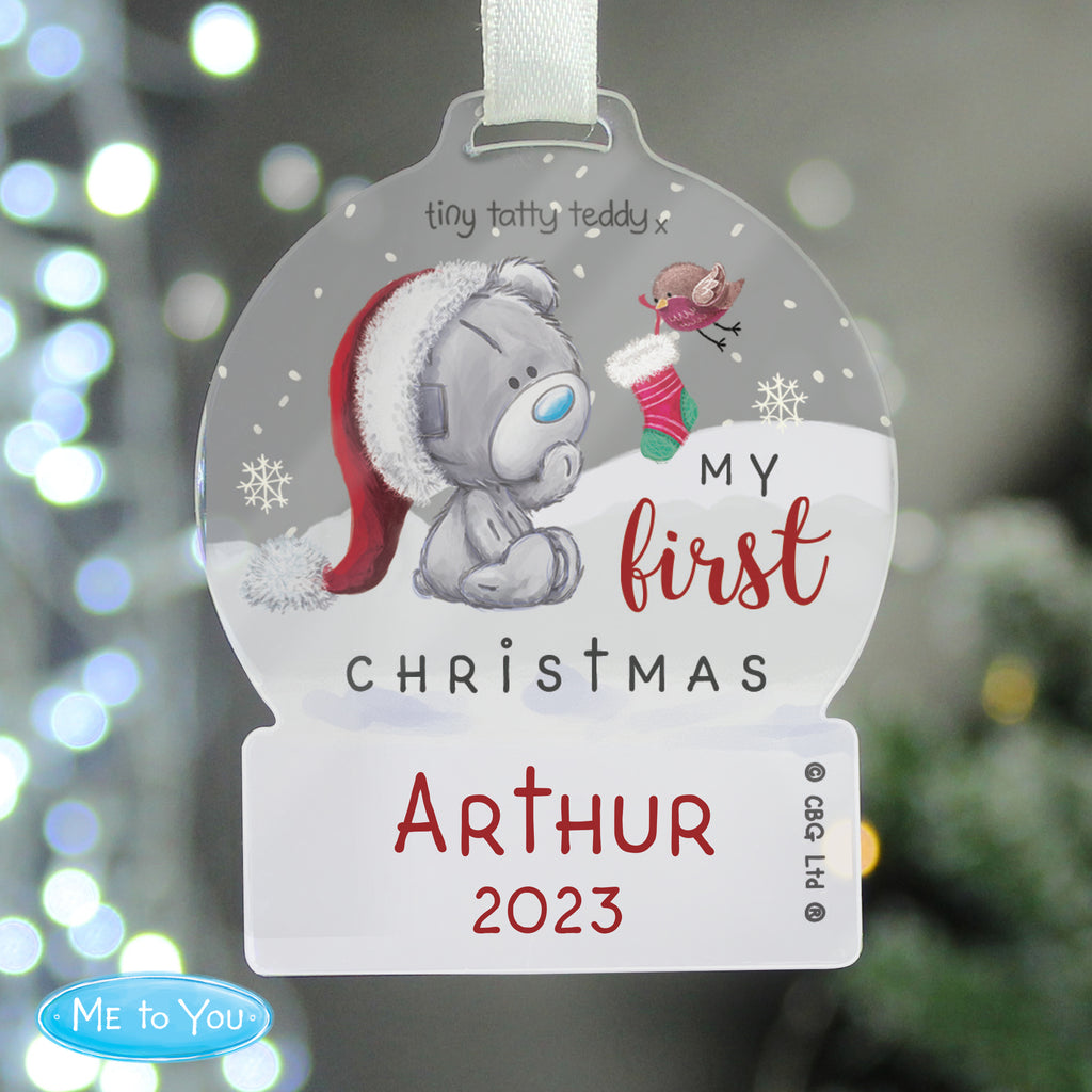 Personalised First Christmas Tiny Tatty Teddy Acrylic Snow Globe Decoration - Buy Christmas Decorations at GiftMasters.co.uk