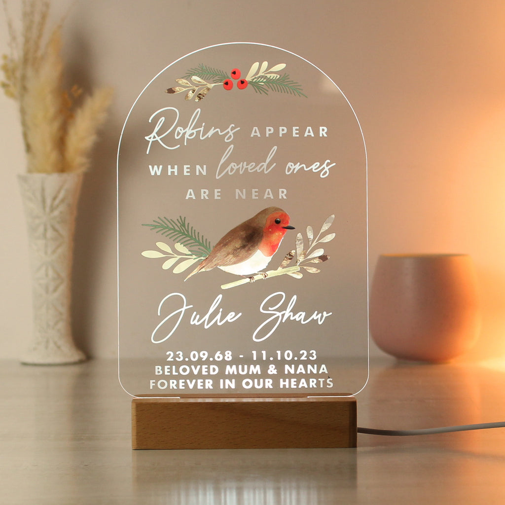Personalised Robins Appear Wooden Based LED Light - Buy LED Lights, Candles & Decorations at GiftMasters.co.uk