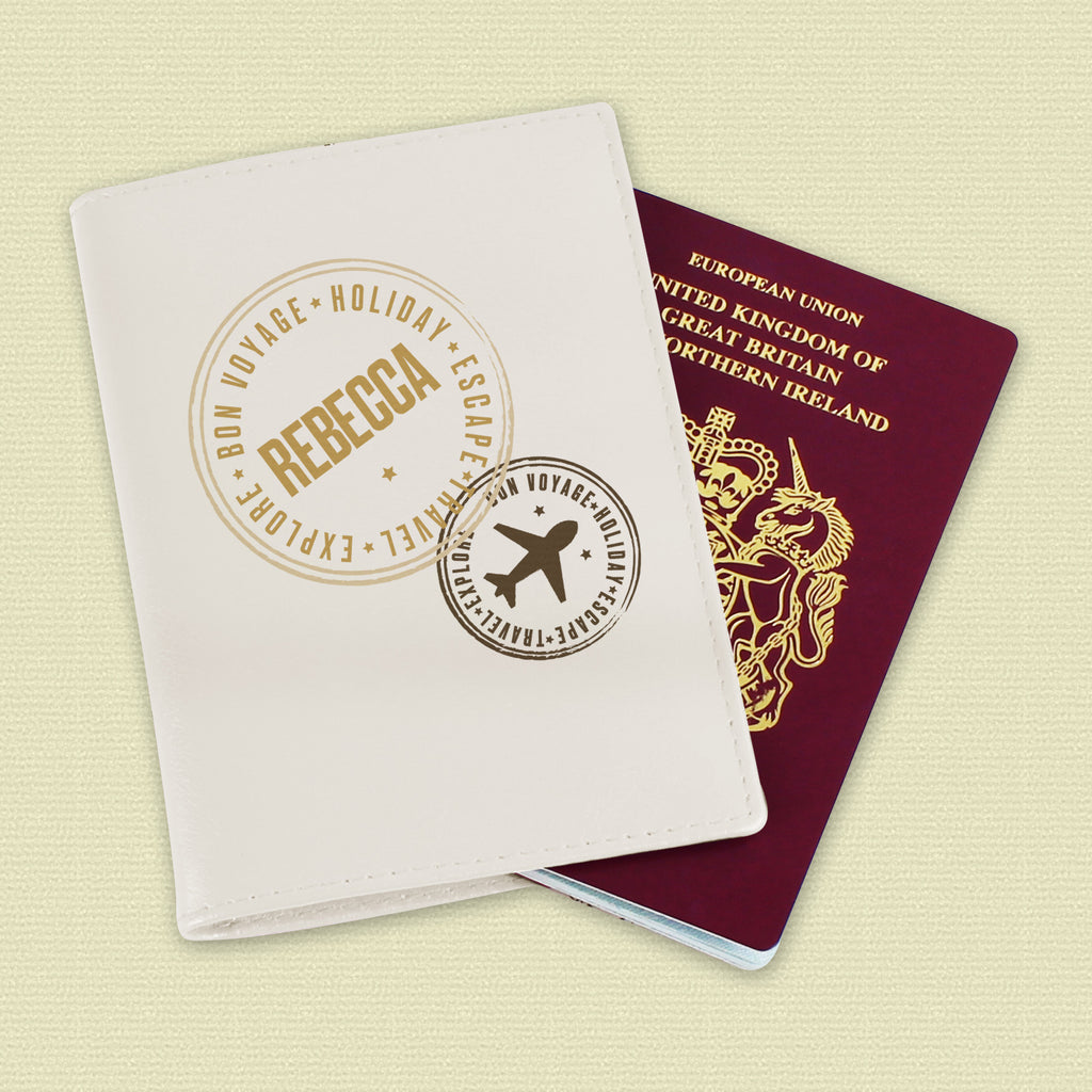 Personalised Stamped Cream Passport Holder - Buy Leather & Leatherette at GiftMasters.co.uk