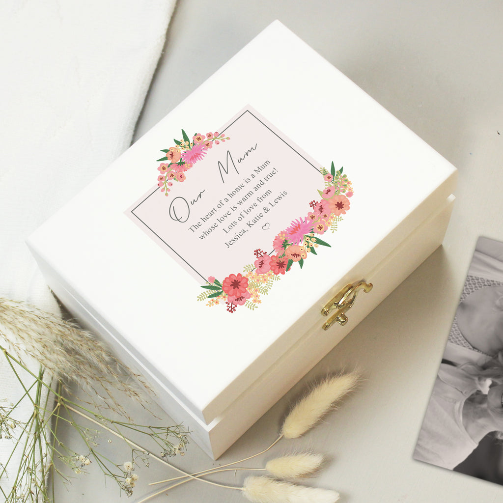 Personalised Floral Wishes White Wooden Keepsake Box - Buy Trinket, Jewellery & Keepsake Boxes at GiftMasters.co.uk
