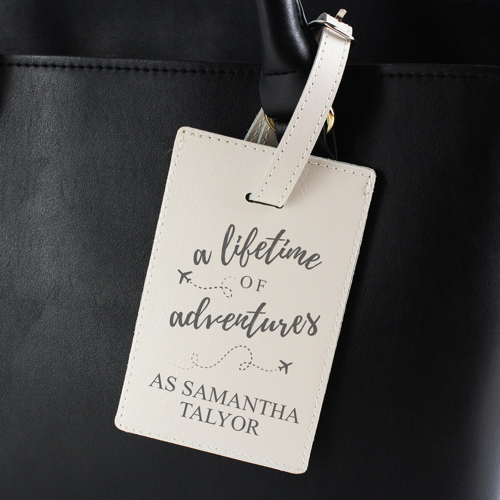 Personalised 'Lifetime of Adventures' Cream Luggage Tag - Buy Leather & Leatherette at GiftMasters.co.uk