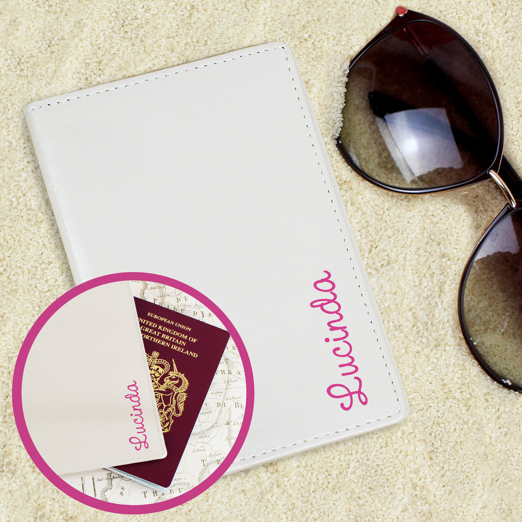 Personalised Pink Name Cream Passport Holder - Buy Leather & Leatherette at GiftMasters.co.uk