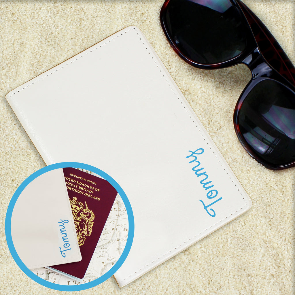 Personalised Blue Name Cream Passport Holder - Buy Leather & Leatherette at GiftMasters.co.uk