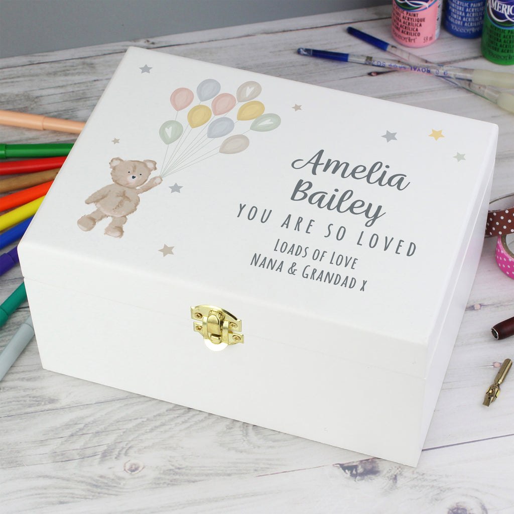 Personalised Teddy & Balloons White Wooden Keepsake Box - Buy Trinket, Jewellery & Keepsake Boxes at GiftMasters.co.uk