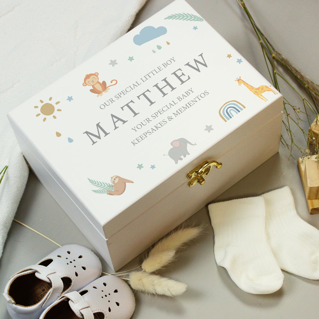 Personalised Safari Animals White Wooden Keepsake Box - Buy Storage at GiftMasters.co.uk